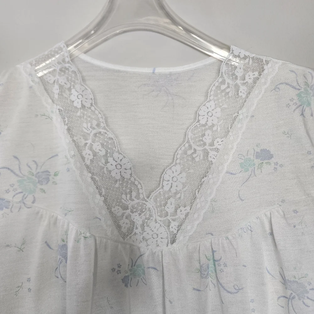 Vintage Granny Nighty Baby Blue Floral White Lace‎ Trim Nightgown - Picture 5 of 6